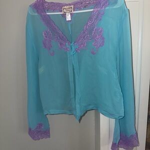 Jacalyn Bennett for Frederick’s of Hollywood Sheer Teal/Lavender Lace Trim -XL